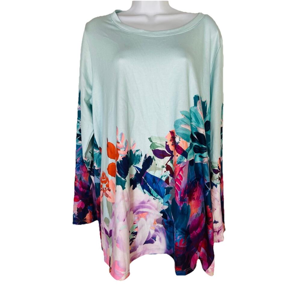 Soft Surroundings Floral Tunic Top Pasaia Aqua Stretch Long Sleeve Women’s Sz 1X